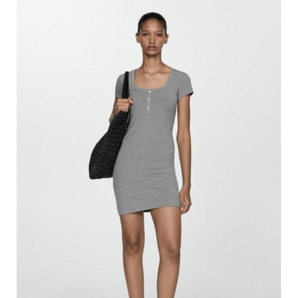 Mango MNG Fitted Ribbed Sweater Dress Grey Henley Short Sleeve Mini Size XL NWT - Picture 2 of 13